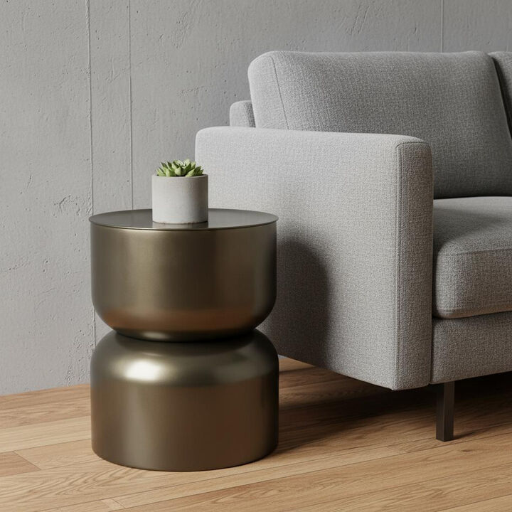 HomeRoots 20" Antiqued Gold Iron Round Cinched Drum End Table