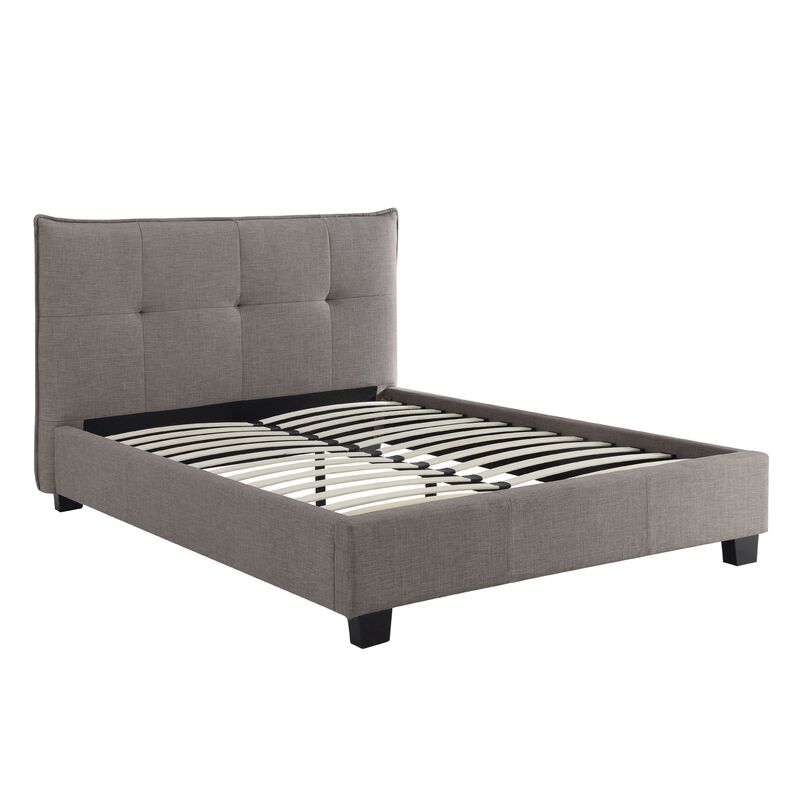 Amy Low Profile Queen Bed, Tufted Linen, Knife Edges, Gray