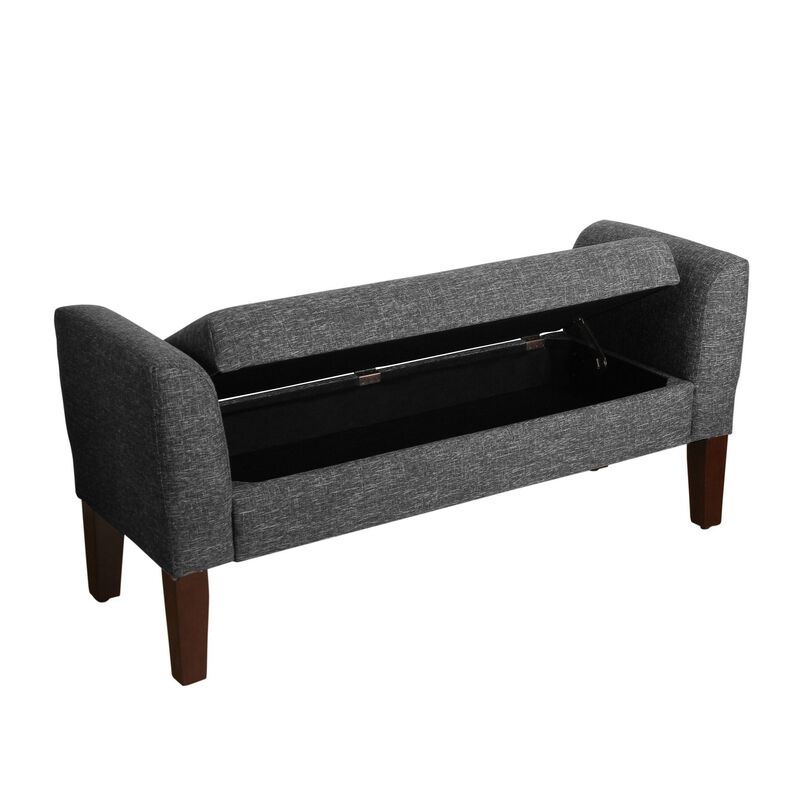 Fabric Upholstered Wooden Bench with Lift Top Storage and Tapered Feet, Dark Gray - Benzara