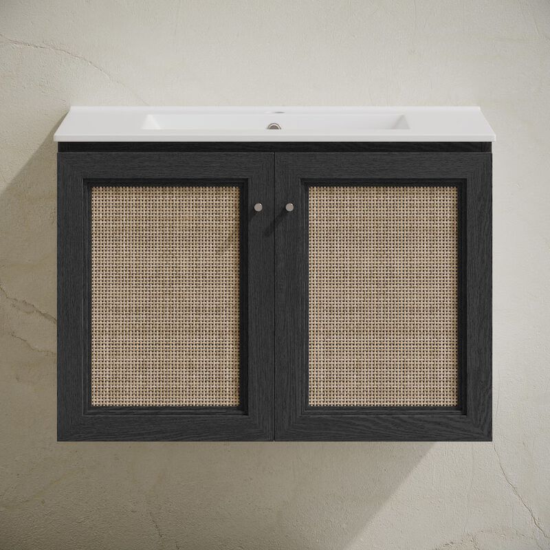 30" Wall-Mounted Bathroom Vanity in Black Oak with Single Faucet Hole Vanity Top image number 6