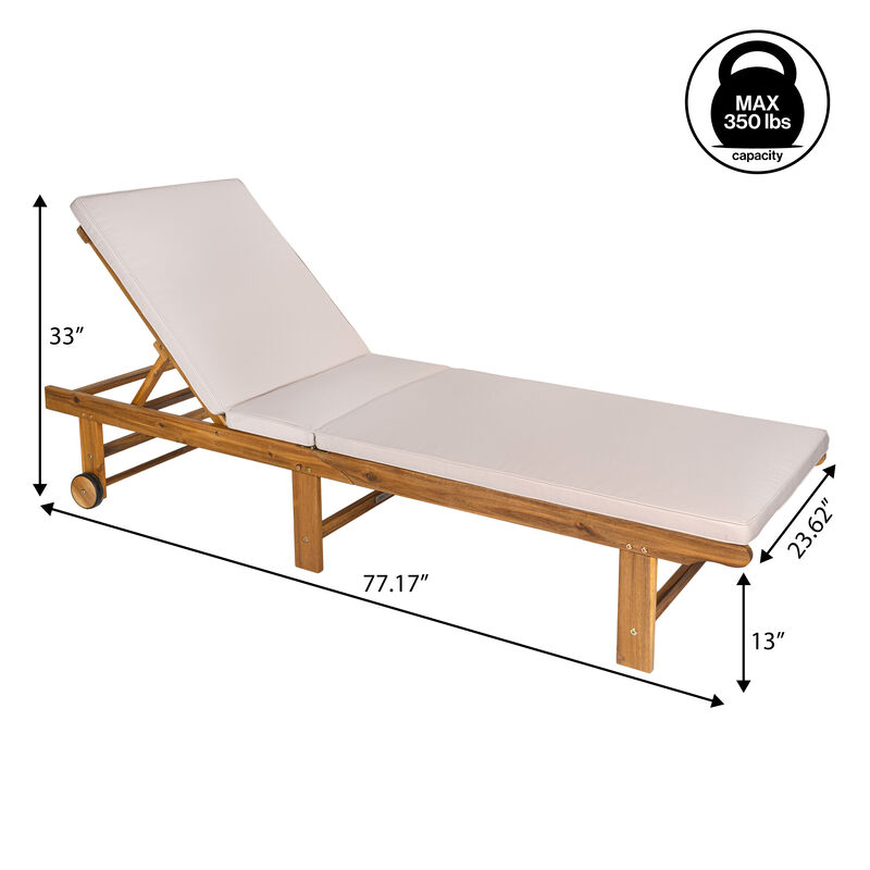 Mallorca Modern Classic Adjustable Acacia Wood Chaise Outdoor Lounge Chair with Cushion & Wheels