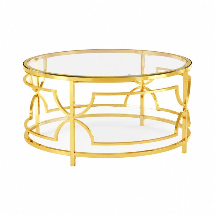GOODSILO Round Tempered Glass Coffee Table with Geometric Metal Frame, Lower Shelf for Living Rooms and Small Modern Spaces