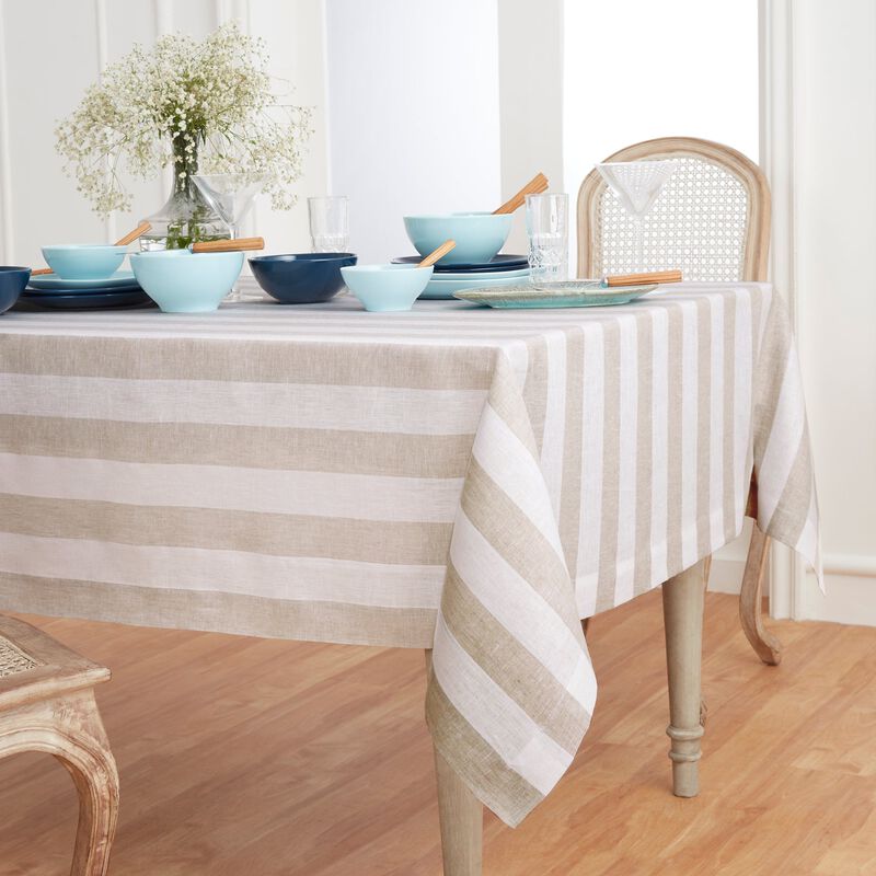 Solino Home Cabana Stripe 100% Linen Tablecloth &ndash; Handcrafted, Machine Washable, Perfect for Holiday and Everyday Dining