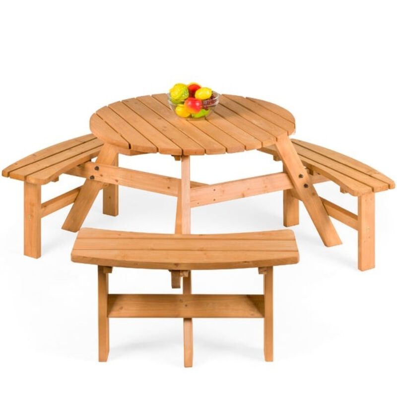Hivvago Outdoor Round Wood Picnic Table Bench Set with Umbrella Hole - Seats 6