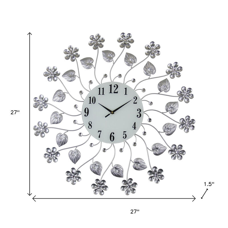 HomeRoots 27" Silver White And Black Metal and Glass Silent Analog Floral Round Wall Clock image number 4