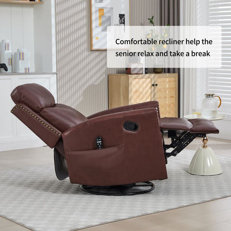 Genuine Leather Heat Massage Manual Recliner Chair with Rocker and Swivel for Living Room image number 7
