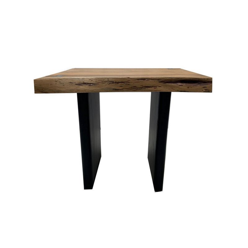 Mya 23 Inch Square End Table with Live Edge Wood Top, Wide Black Iron Legs