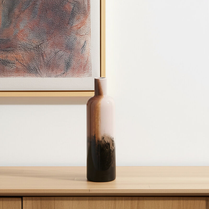 HomeRoots 11" Amber Cream And Dark Brown Abstract Glass Table Vase image number 1