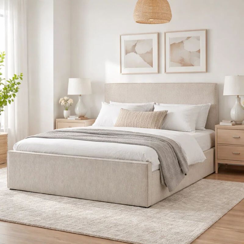 Zely Queen Size Bed with Tall Headboard, Textured Ivory Upholstery image number 6