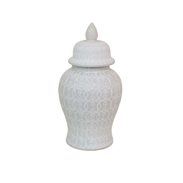 Deni 19 Inch Temple Jar, Removable Lid, Carved Pattern, Ceramic, White - Benzara