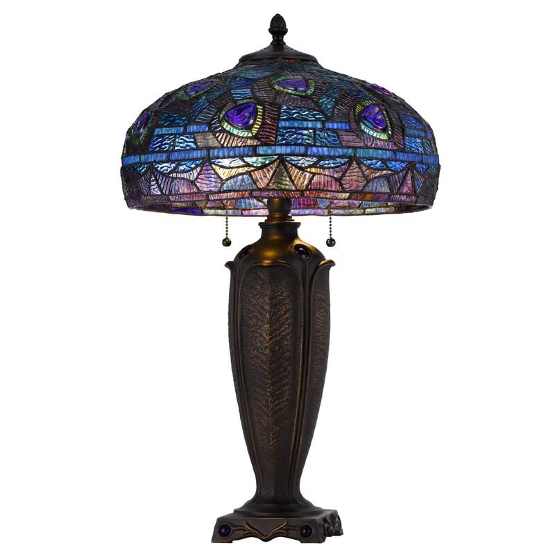Table Lamp with Pull Chain, Blue Tiffany Stained Glass, 26 Inch Dark Bronze image number 2