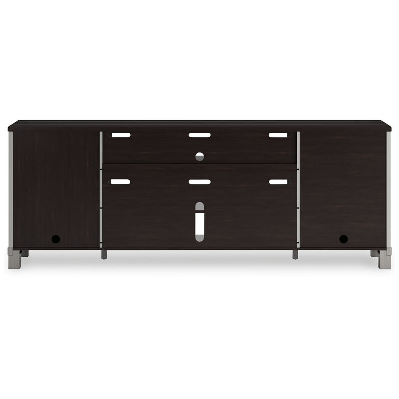 Darn TV Media Console, Open Space, Gray, Brown Acacia Wood, 88 Inch - Benzara