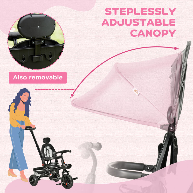 BreeBe Kids Tricycle, 4 in 1 Foldable Trike with Reversible Seat, Adjustable Parent Handle, Safety Harness, Wheel Brakes, Removable Canopy, Storage image number 6