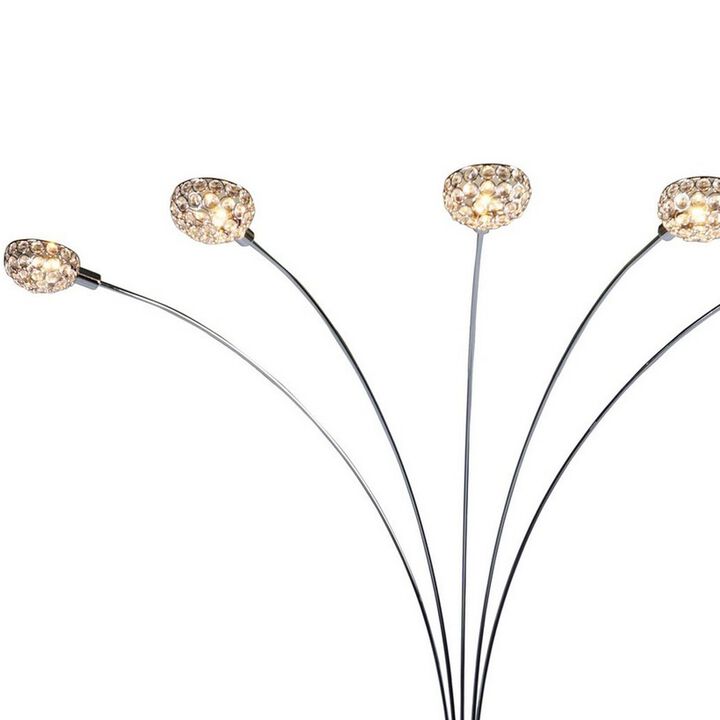 Arya 94 Inch 5 Light Arc Floor Lamp, Crystal Accents, Modern Style, Chrome - Benzara