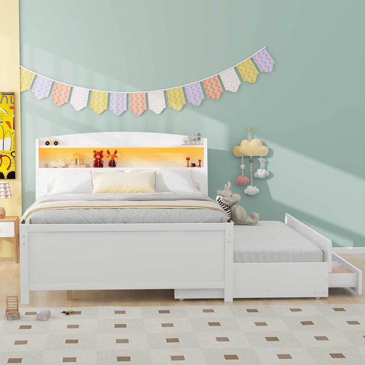 Merax White Platform Bed with LED Headboard, Trundle & Drawers
