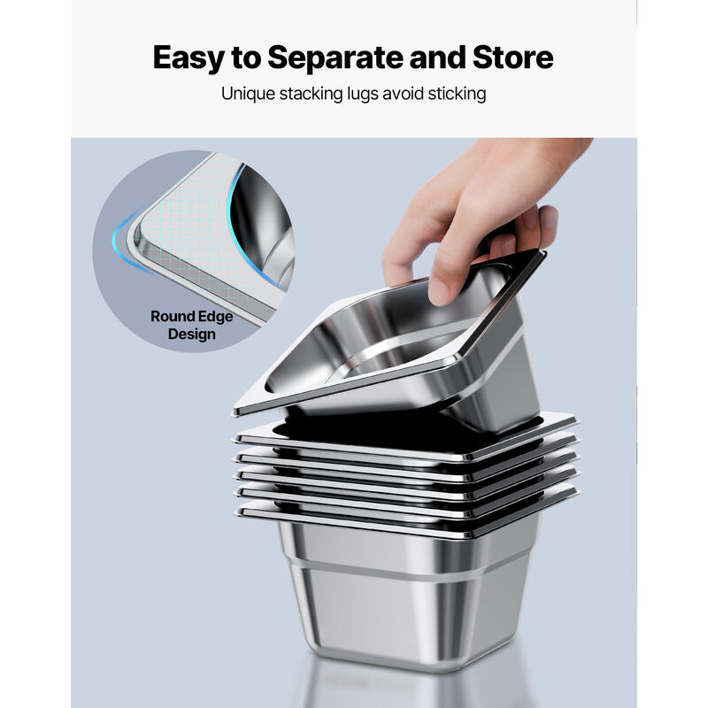 VEVOR 1/6 Size Hotel Pans Steam Table Pans 4 Inch Deep Stainless Steel 6 Pack