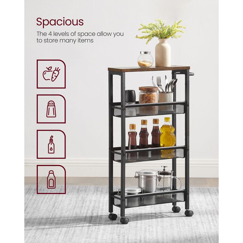 Rolling Utility Cart with Handle - Sturdy Metal Frame for Kitchen, Dining Room, and Home Office