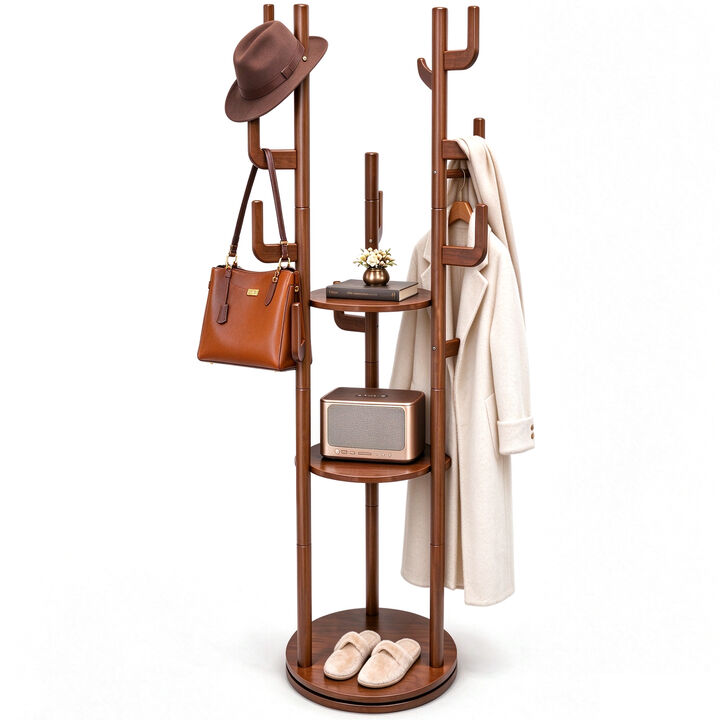 Solid Rubberwood Rotating Coat Rack with 3 Shelves and 9 Hooks, Walnut Coat Tree