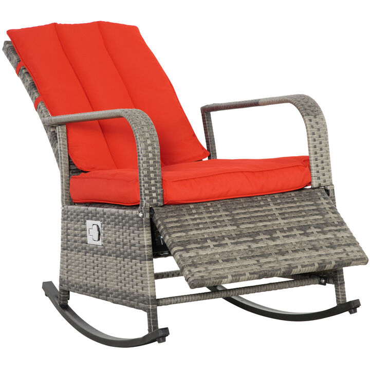Outsunny Outdoor Rattan Rocking Chair Patio Recliner with Soft Cushions, Adjustable Footrest, Max. 135 Degree Backrest, PE Wicker, Red