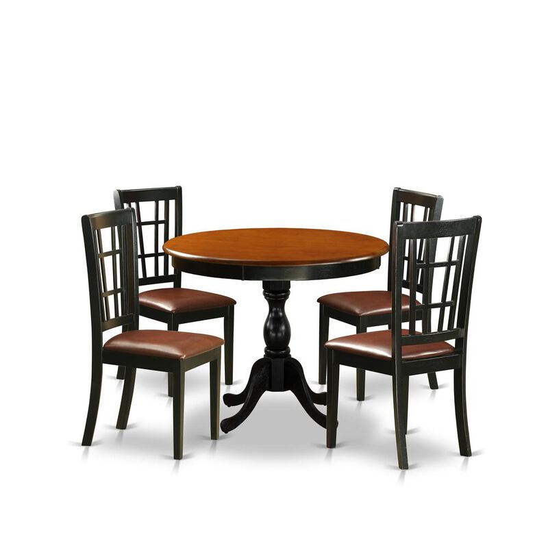 East West Furniture 5-Piece Dinette Set consisting of a Wood Table and 4 Faux Leather Dinner Chairs with Slatted Back- Black Finish