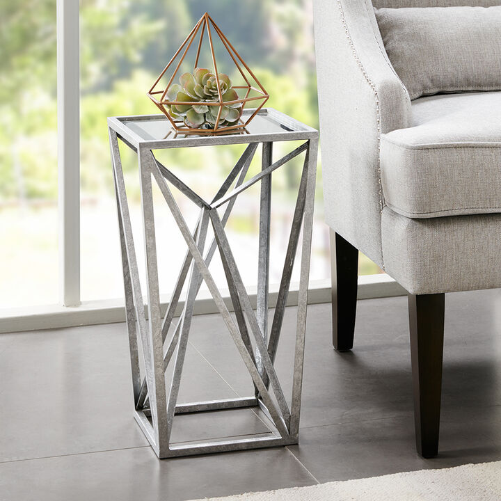 Gracie Mills Connell Angular Mirror Accent Table with Geometric Modern Design Glass Tabletop