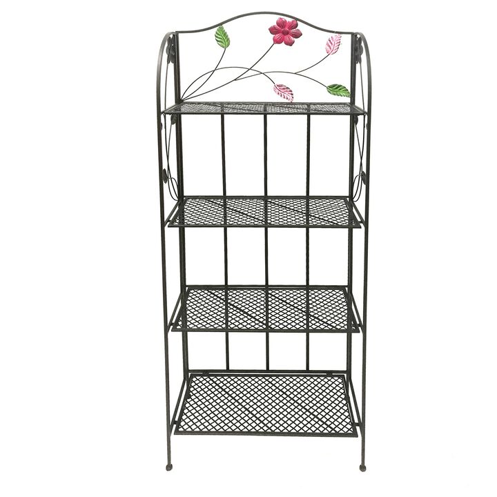 65 Inch Metal Foldable Bakers Rack, Four Tier with Flower Motifs, Black-Benzara