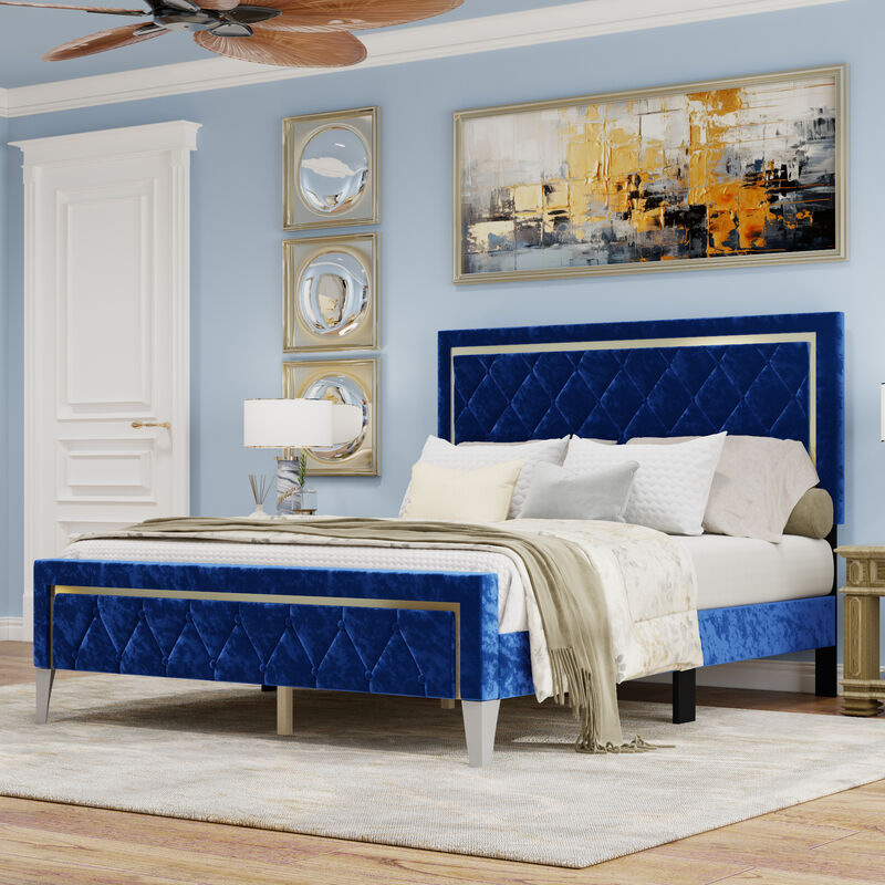 FUFU&GAGA Blue Upholstered Bed with Diamond Tufted Headboard, High Legs & Reinforced Frame, Luxurious Polyester Fabric, Spacious Queen Size (81.5 in. L x 62.2 in. W x 50 in. H)