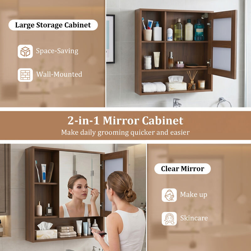 Bathroom Wall Mirror Cabinet with 2 Hidden Shelves and 3 Open Cubbies image number 4