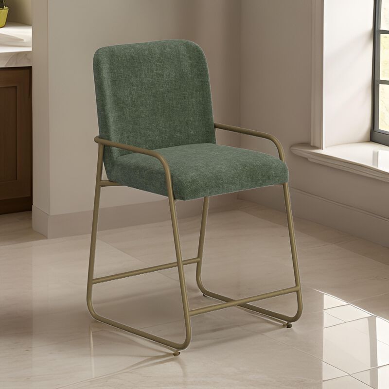 Suze Counter Height Chair, Arch Back, Gold Iron, Olive Green Polyester  - Benzara