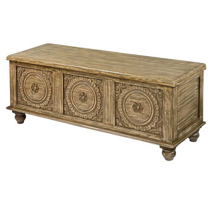 47 Inch Handcrafted Acacia Wood Trunk, Lift Top Storage Chest, Medallion Carving, Distressed Brown-Benzara