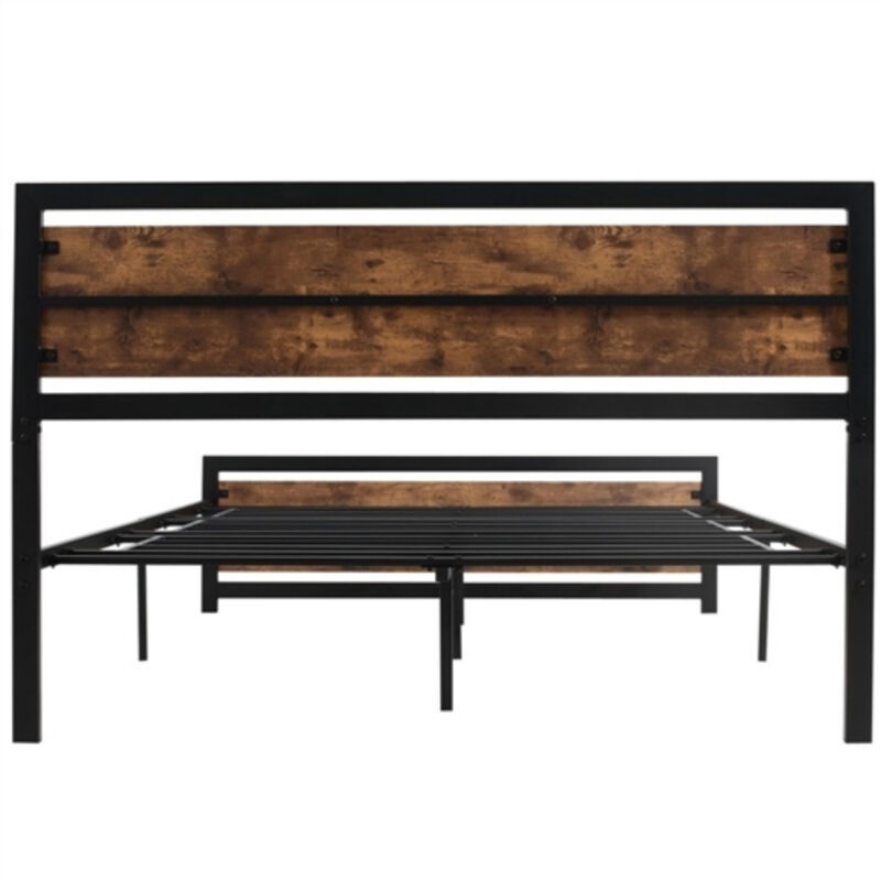 Rustic Farmhouse Metal and Wood Platform Bed – Headboard and Footboard with Strong Slat Support