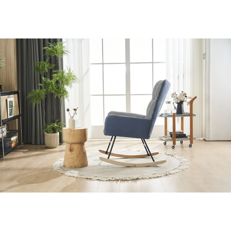 Rocking Chair Nursery, Solid Wood Legs Reading Chair with Teddy fabic Upholstered, Nap Armchair for Living Rooms, Bedrooms, Offices, Best Gift, Blue (Leathaire +Houndstooth)