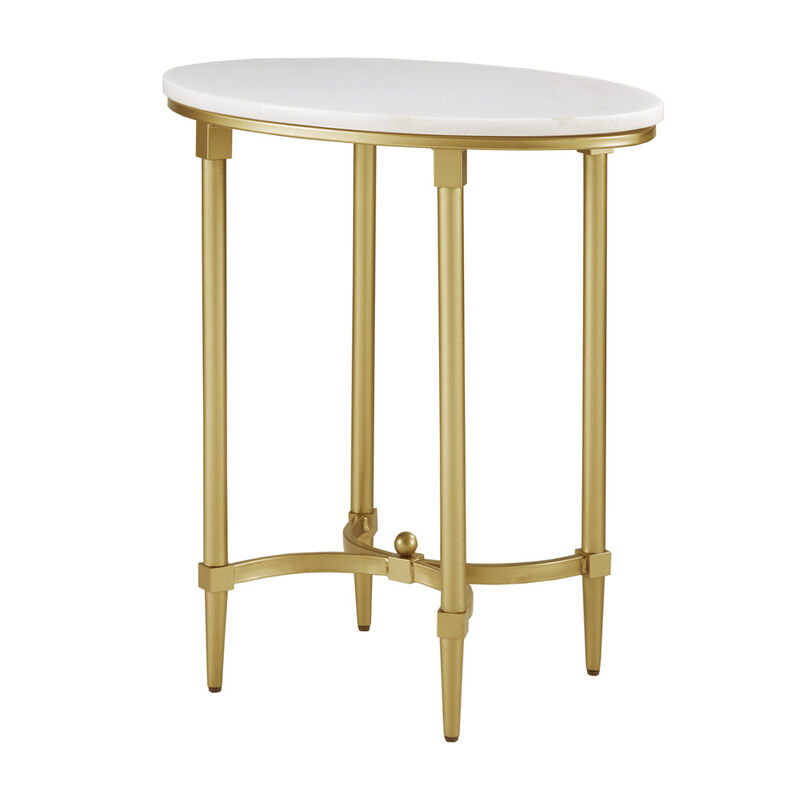 Gracie Mills Marlee White Marble and Gold Metal Oval End Table