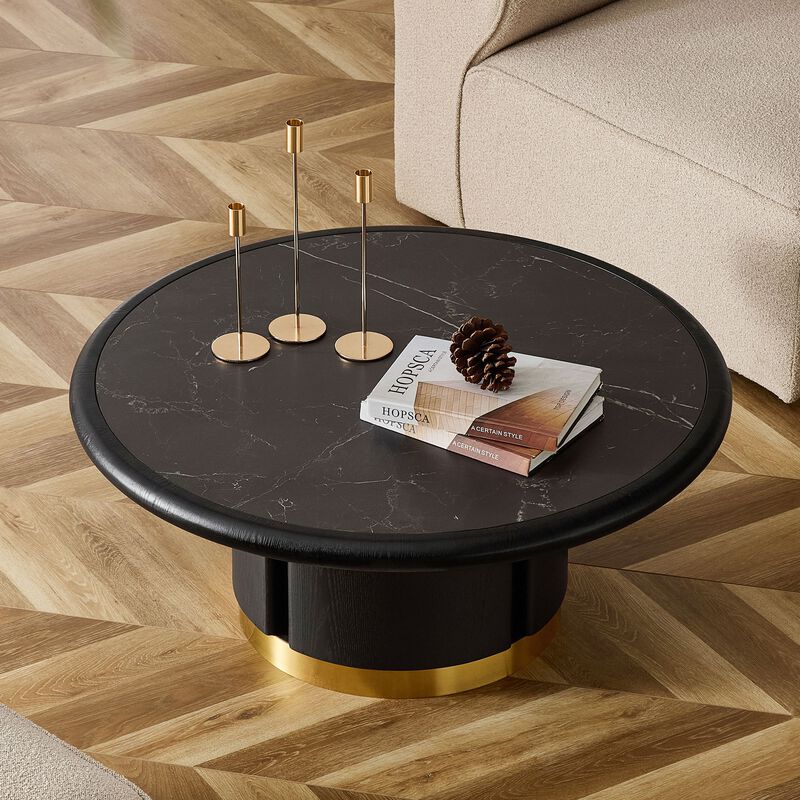 33.86 Inch Square Faux Travertine Pattern Coffee Table for Living Room,MDF Table,Modern Design Irregular Coffee Table with Layered Base image number 2