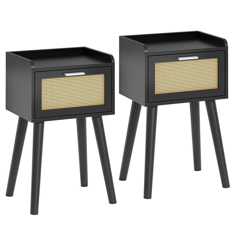 LAATOOREE Nightstand Set of 2, Small Black Bedside Table, End Table with Rattan Door, Boho Side Table with Solid Wood Legs for B