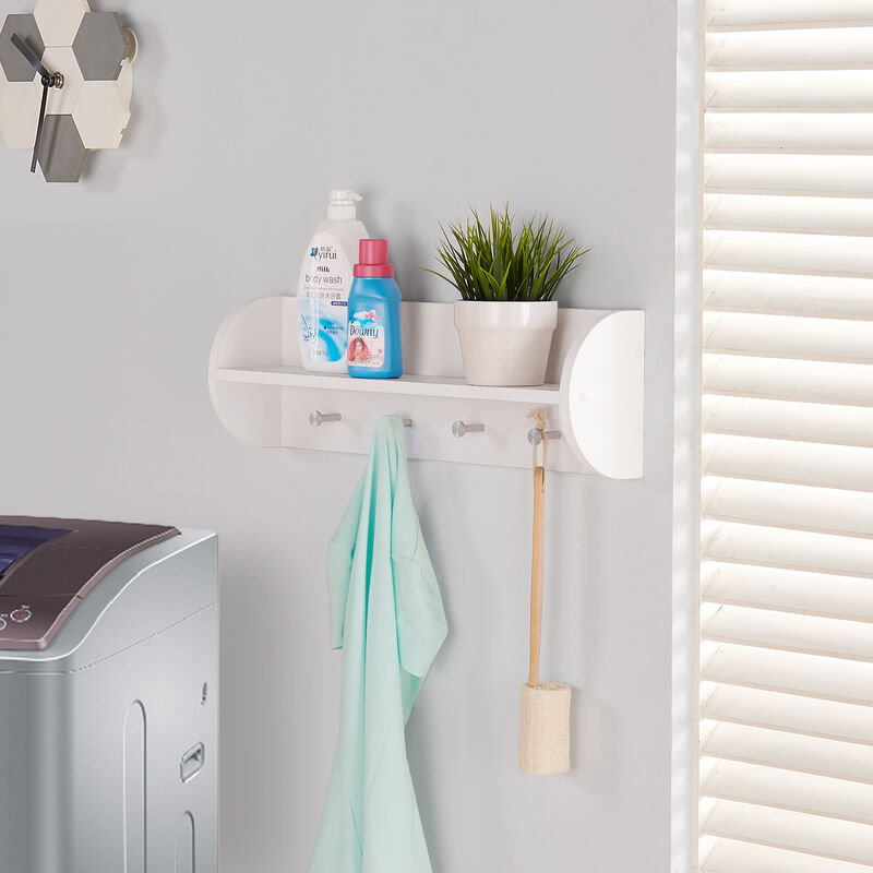 White Utility Shelf with Four Large Stainless Steel Hooks