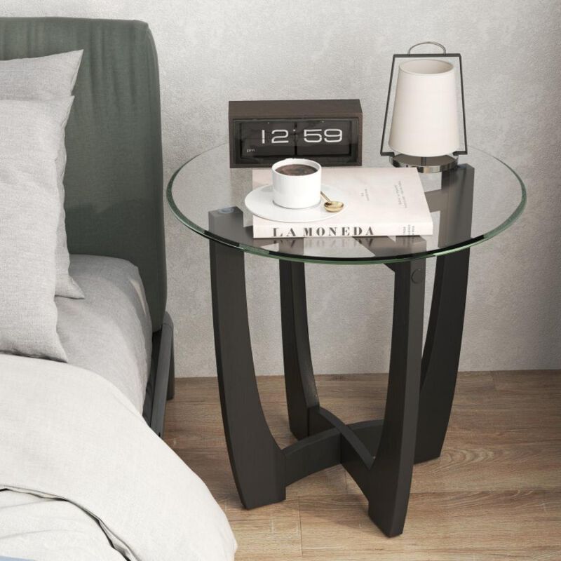 Hivvago 23.5 Inch Round End Side Table with Tempered Glass Tabletop