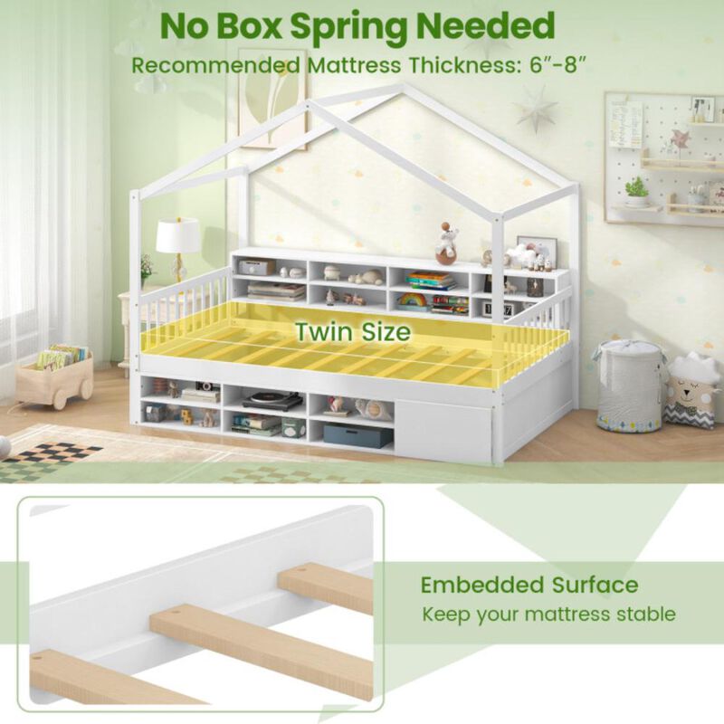 Hivvago Twin Size House Bed with Roof with 14 Storage Cubes and Enclosed Cabinet