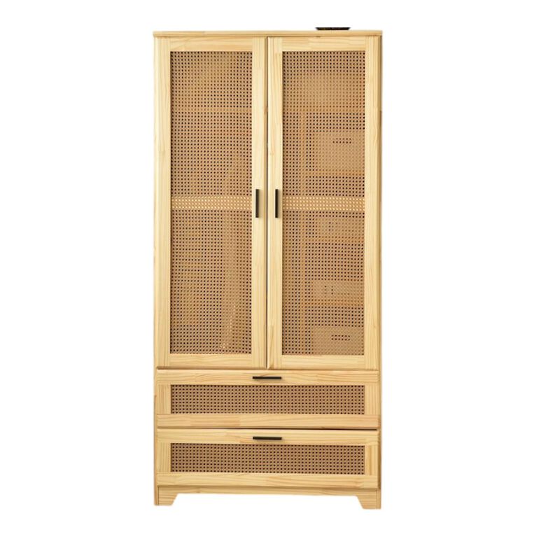 Solid Pine Wood Rattan Closet with 2 Drawers in Multi Color