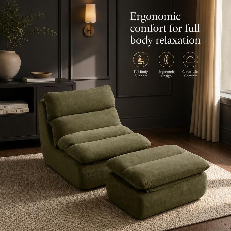 GOODSILO Tufted Upholstered Large Chaise Lounge Bean Bag Chair With Matching Ottoman Comfortable Lazy Sofa For Living Room Bedroom Reading Napping image number 4