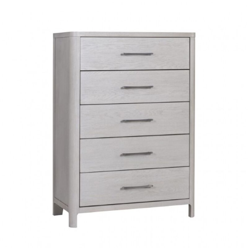 Reham Tall Dresser Chest, 5 Drawers, Pewter Handles, White Wash Brown - Benzara