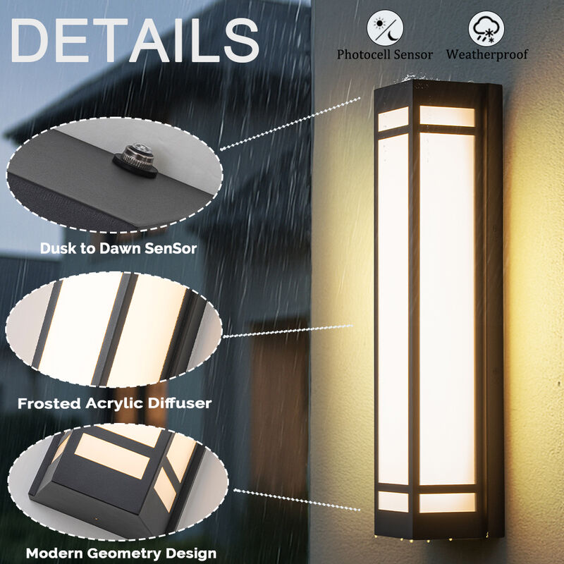 H20" Modern Craftsman Style Exterior Wall Sconce in Black with Frosted Acrylic Shade 24W Integrated LED Outdoor Wall Light image number 4