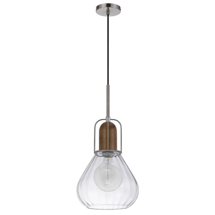 Pendant Light, Adjustable Height, Hand Blown Glass, Wood Accent, Silver