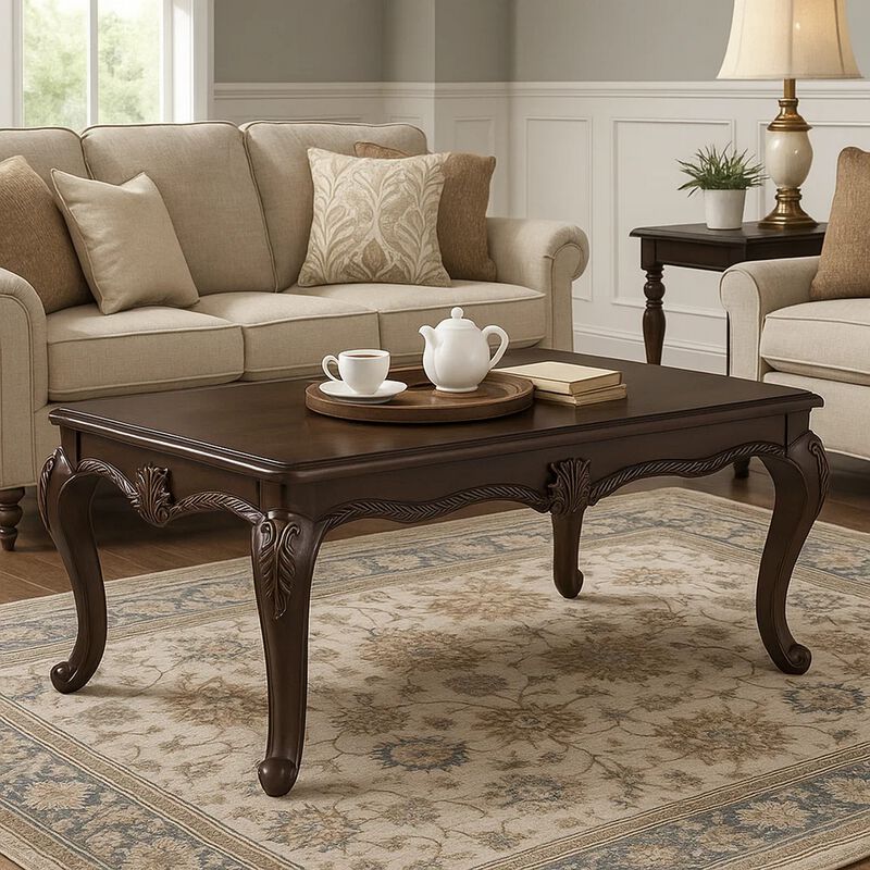 Reese Coffee Table, European Carved Classic Cherry Brown Wood, 48 Inch