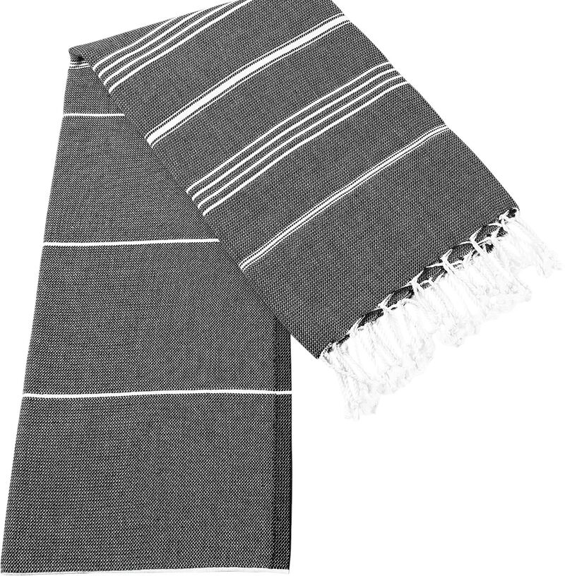 HomeRoots 39" X 71" White and Black Cotton Turkish Towel Throw Blanket with Tassels image number 2