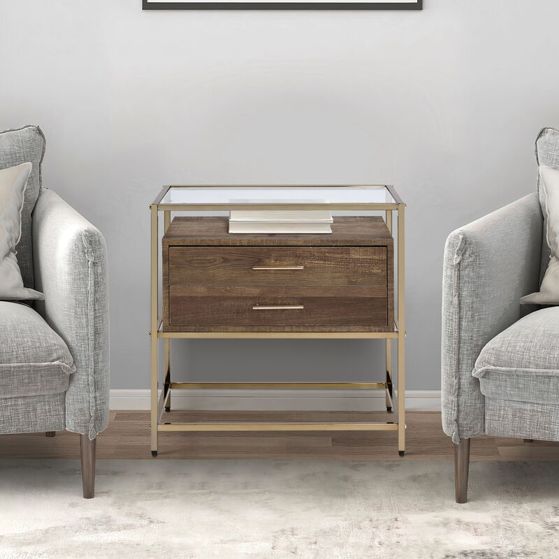 Accent Table with 2 Drawers and Metal Frame Glass Top, Brown and Gold