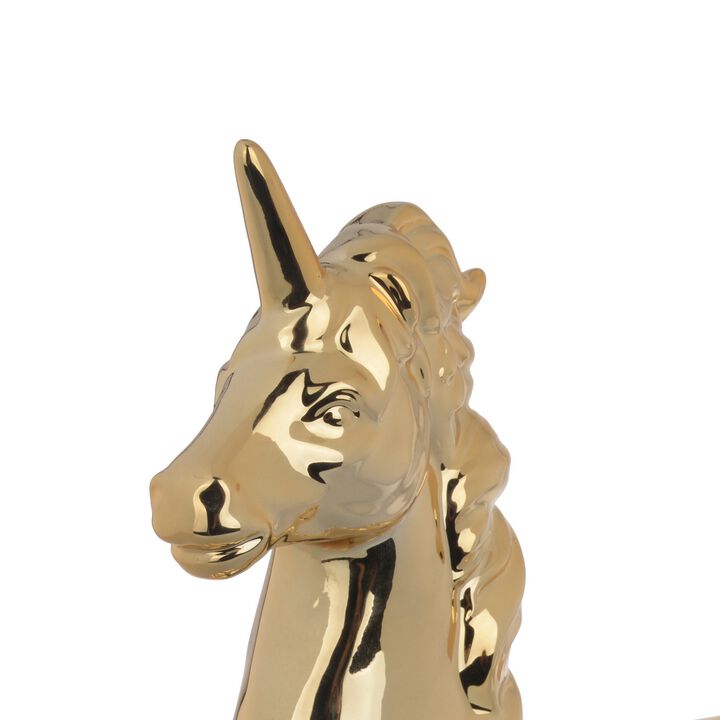 11 Inch Sitting Unicorn Figurine, Ceramic Statuette in Gold Metallic Finish - Benzara
