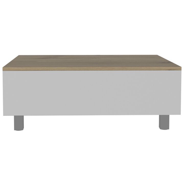 Homezia 32" White And Light Oak Manufactured Wood Rectangular Lift Top Coffee Table With Drawer And Shelf