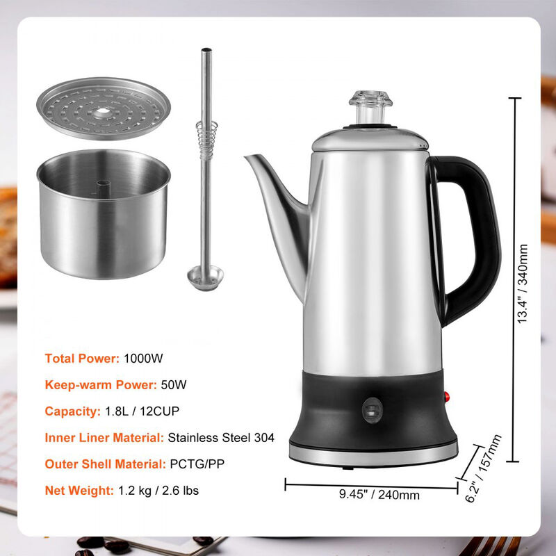 12-Cup Coffee Percolator with Heat-Resistant Handle, Stainless Steel Electric Coffee Pot-Silver image number 2