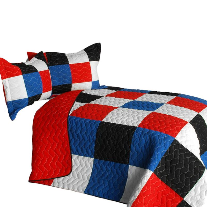 Queen Size Patchwork Quilt Set 3PC, Soft Vermicelli Quilted Bedding-Blue image number 1